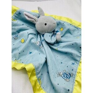 Goodnight Moon Gray Bunny Rabbit Lovey Blue Security Blanket w/ Yellow Trim 16"